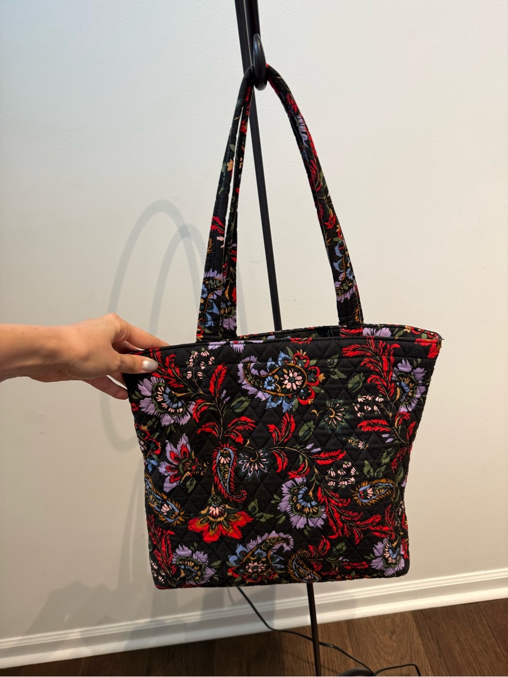 Vera Bradley Black Quilted Floral Tote with Red & Purple Details